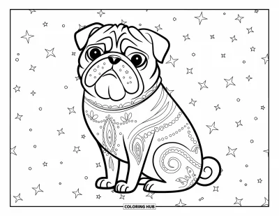 Coloriage de carlin pour adultes : Un carlin orné avec des détails cachemire est assis sur un fond texturé avec des motifs dispersés