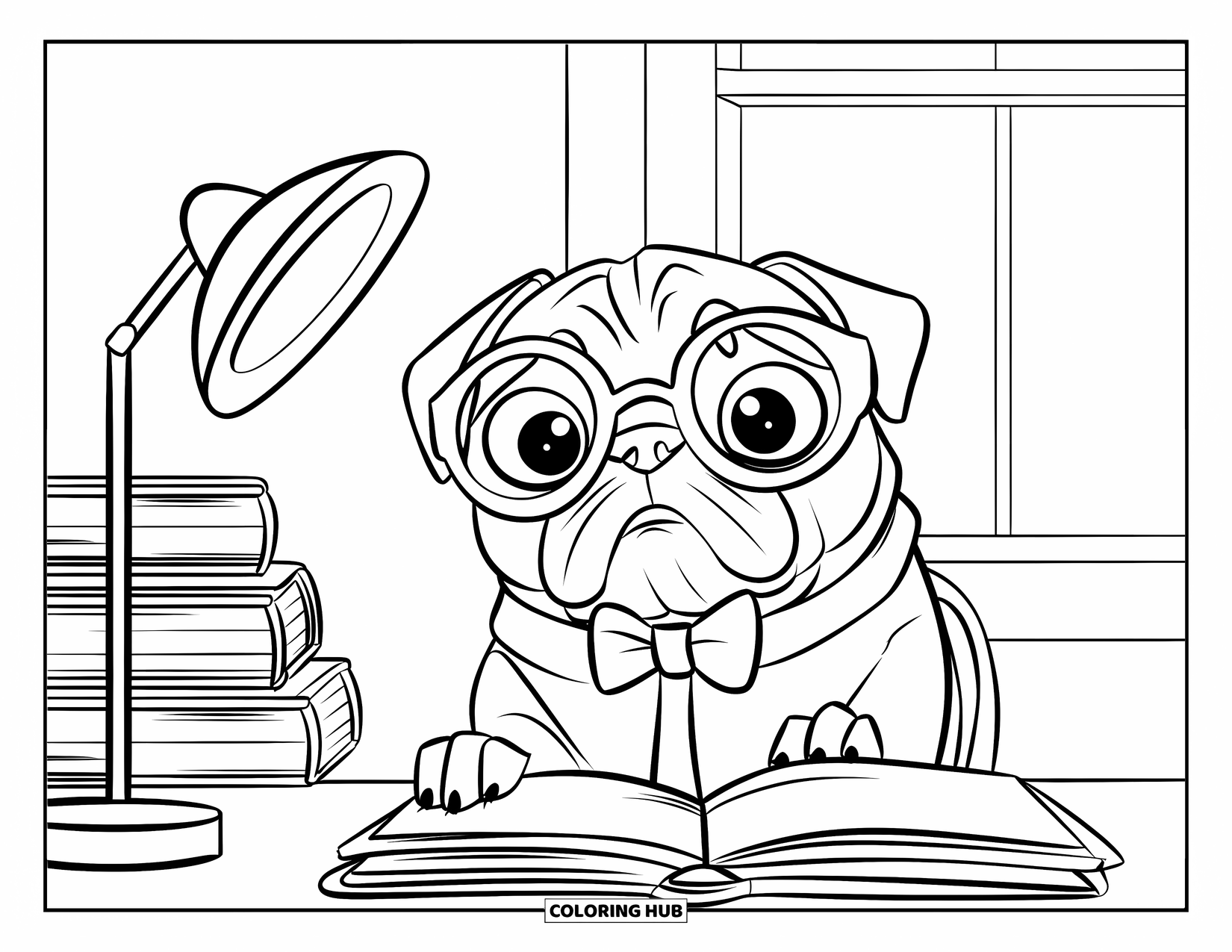 Pug Coloring Page for Kids: A bookish pug with glasses and a bow tie sits at a desk with a lamp and books