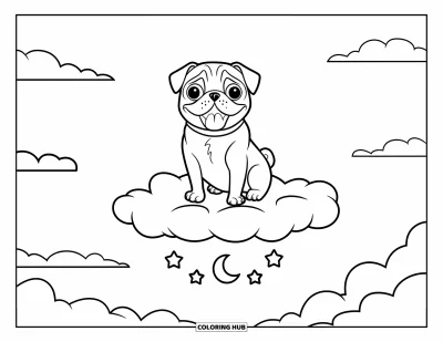 Coloriage de carlin pour enfants : Un carlin joyeux avec un collier flotte sur un nuage moelleux sous un ciel étoilé