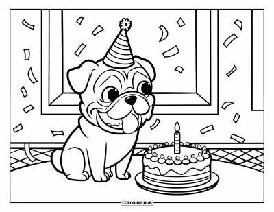 Coloriage de carlin pour enfants : Un carlin joyeux avec un chapeau de fête est assis près d’un gâteau dans une pièce confortable avec une fenêtre
