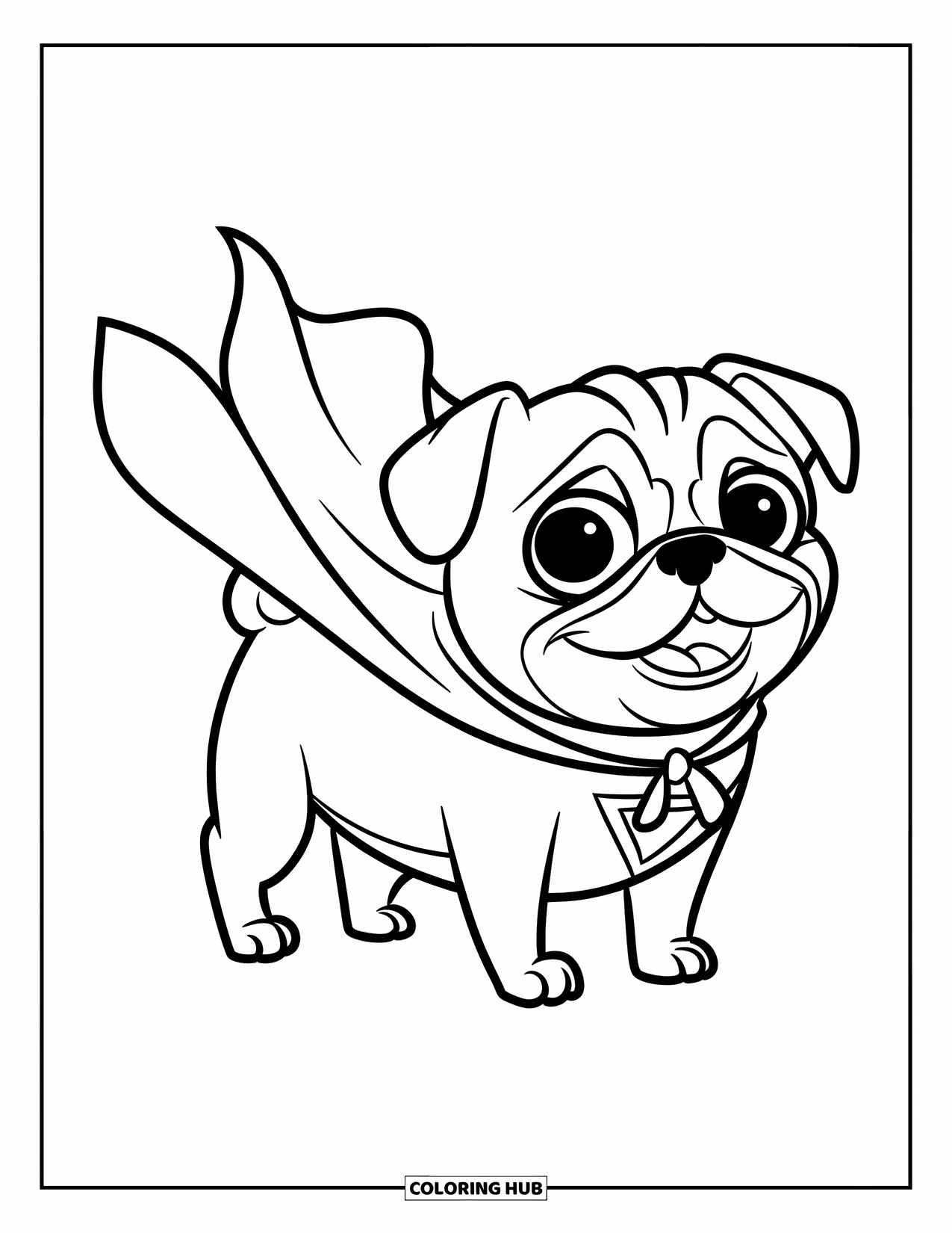 Pug Coloring Page for Kids: A cheerful pug with a superhero badge stands tall, wearing a cape against a simple background