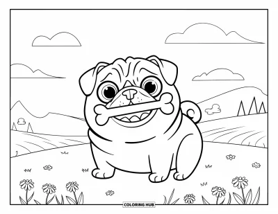 Coloriage de carlin pour enfants : Un carlin potelé avec de grands yeux ronds tient un os tout en étant assis dans un champ herbeux