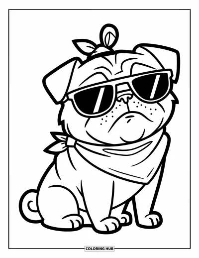 Coloriage de carlin pour enfants : Un carlin cool avec des lunettes de soleil et un bandana prend une pose confiante