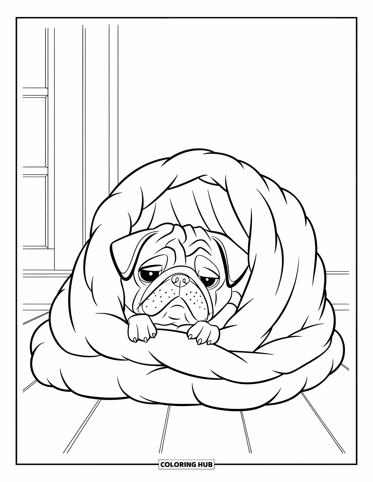 Pug Coloring Page for Kids: A cozy pug snuggles inside a fluffy blanket, peeking out sleepily on a wooden floor