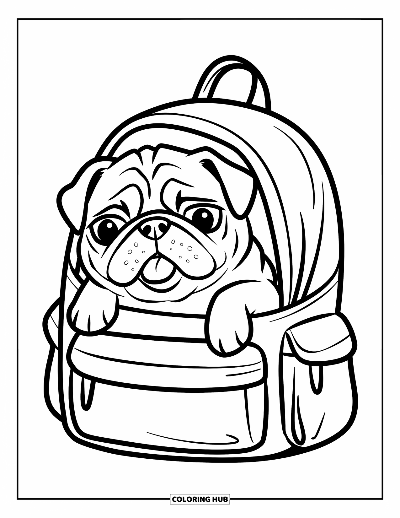 Pug Coloring Page for Kids: A curious pug peeks out from a backpack with its tongue slightly sticking out