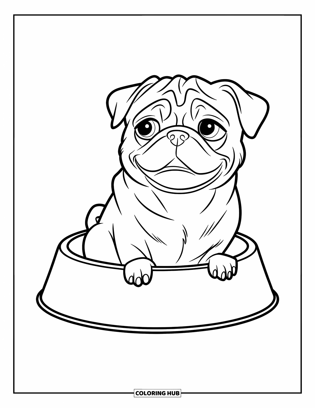 Pug Coloring Page for Kids: A curious pug sits in a dog bowl, gazing happily at its surroundings