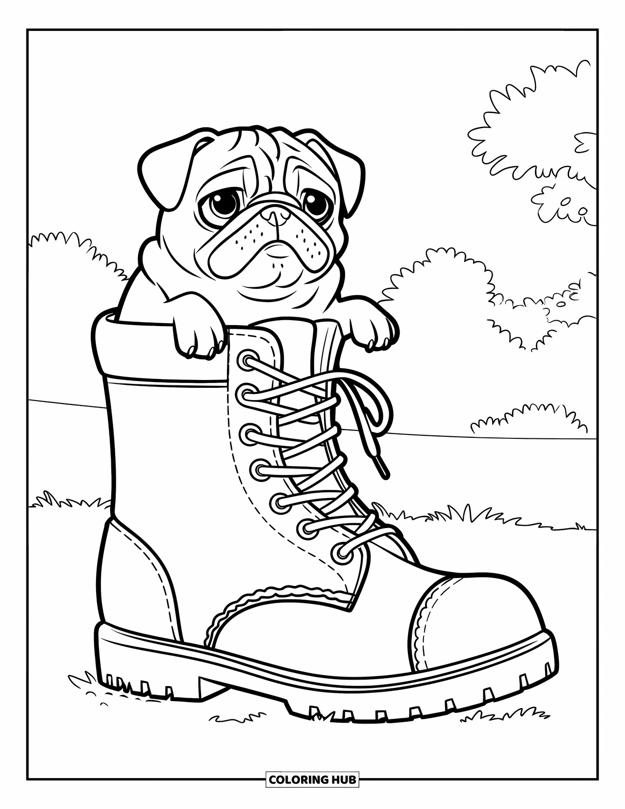 Pug Coloring Page for Kids: A curious pug sits inside a giant boot, resting its paws on the edge in a grassy field