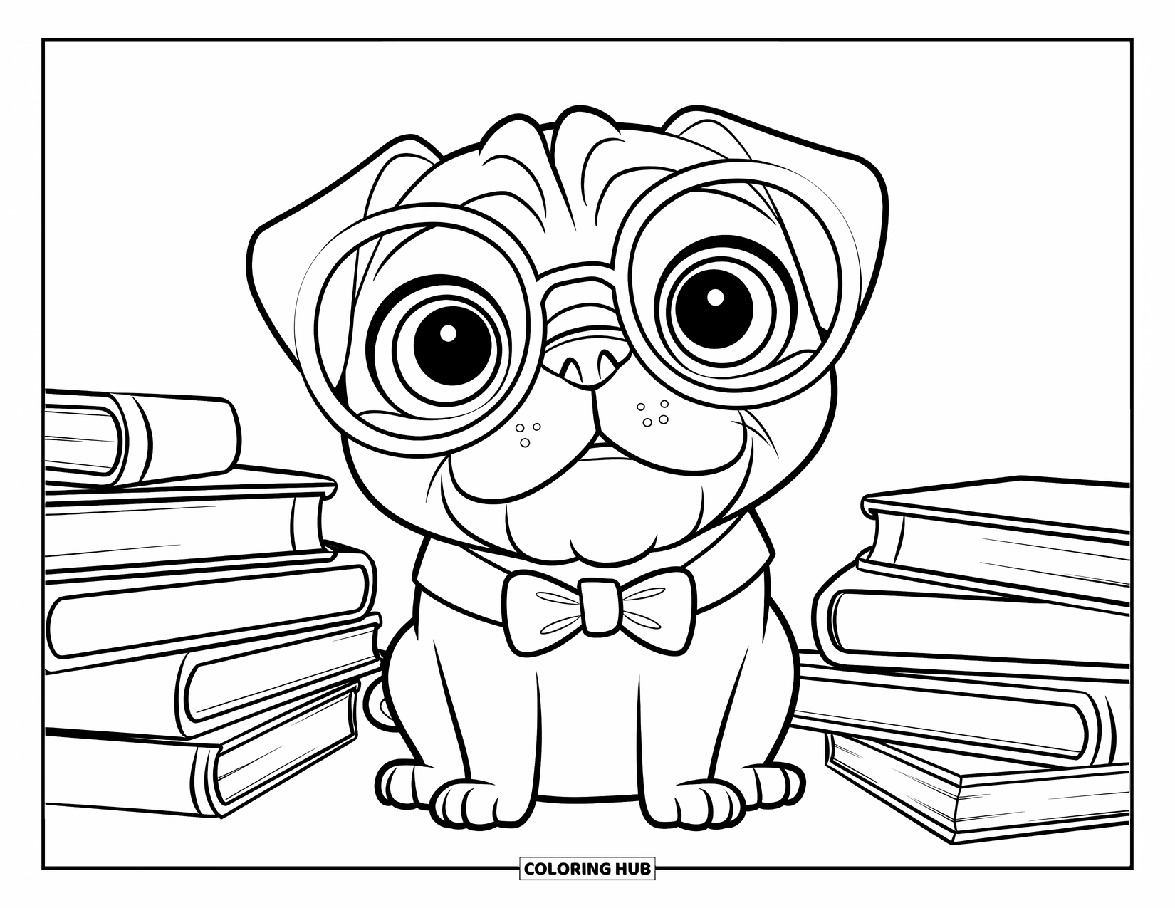 Pug Coloring Page for Kids: A curious pug with glasses and a bow tie sits among stacks of books, looking studious