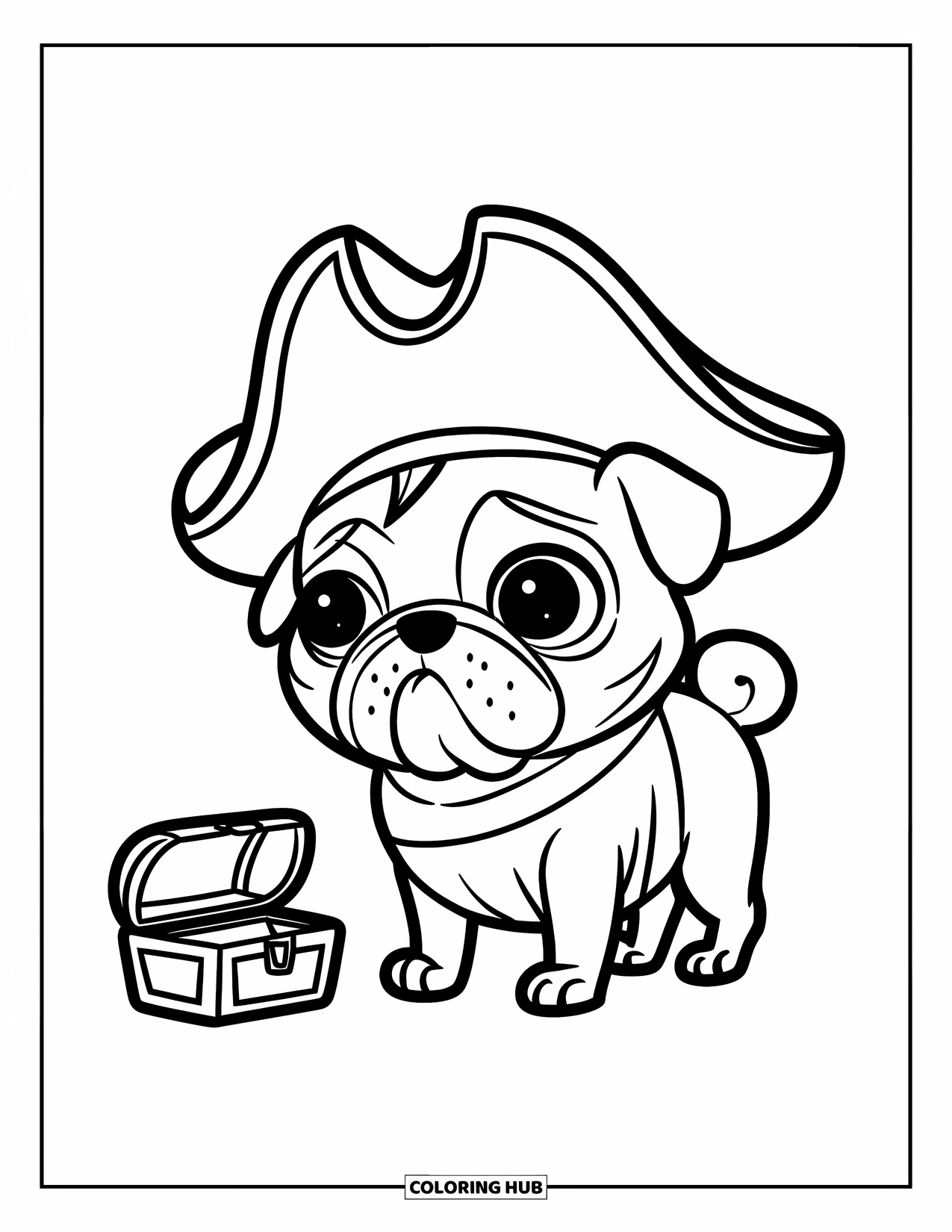 Pug Coloring Page for Kids: A cute pug dressed as a pirate stands proudly next to a tiny treasure chest