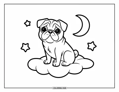 Coloriage de carlin pour enfants : Un carlin rêveur dérive sur un nuage moelleux sous des étoiles scintillantes