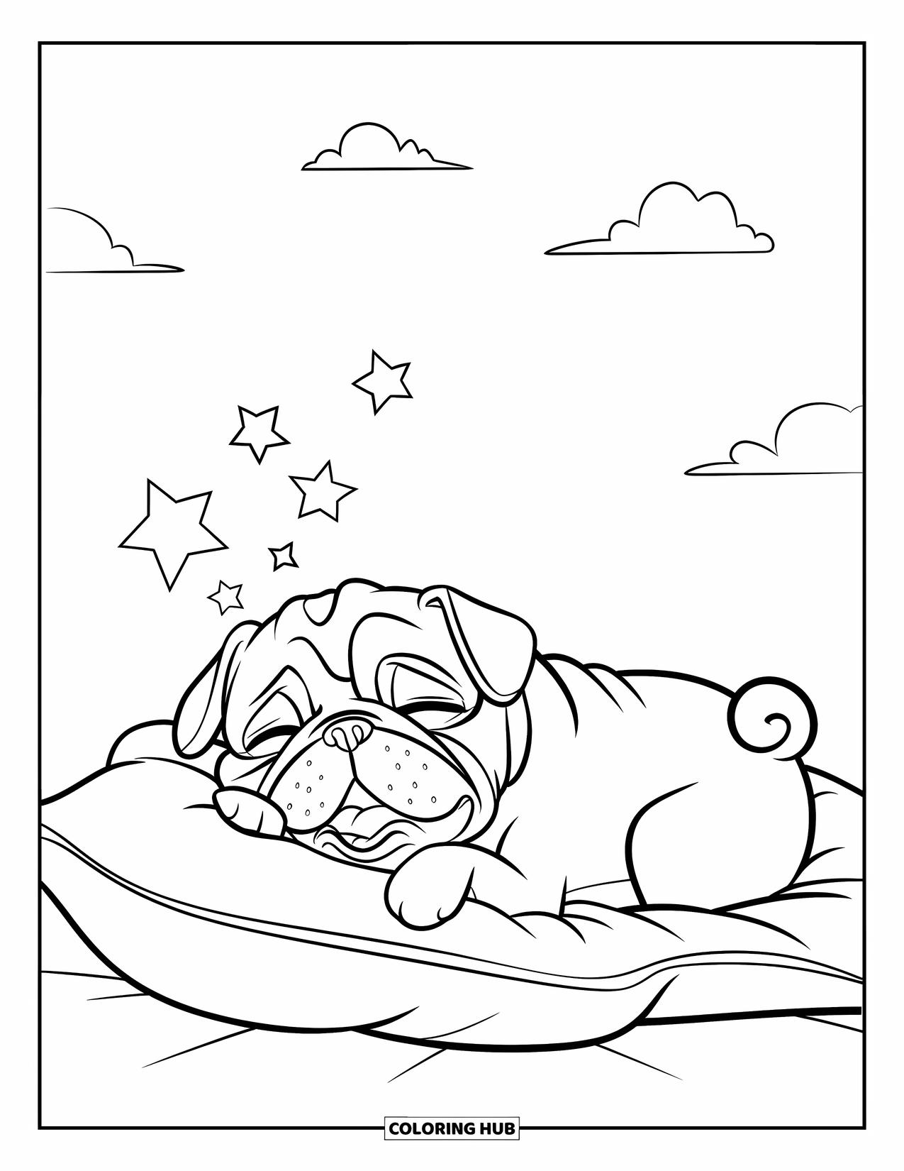Pug Coloring Page for Kids: A drowsy pug rests on a pillow under dreamy stars and fluffy clouds