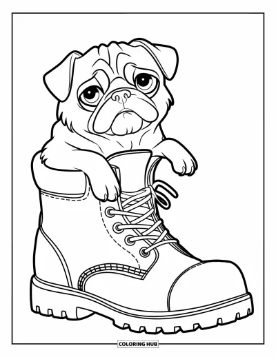Coloriage de carlin pour enfants : Un carlin moelleux jette un coup d’œil hors d’une grande botte, reposant dans un champ herbeux avec des arbres à proximité