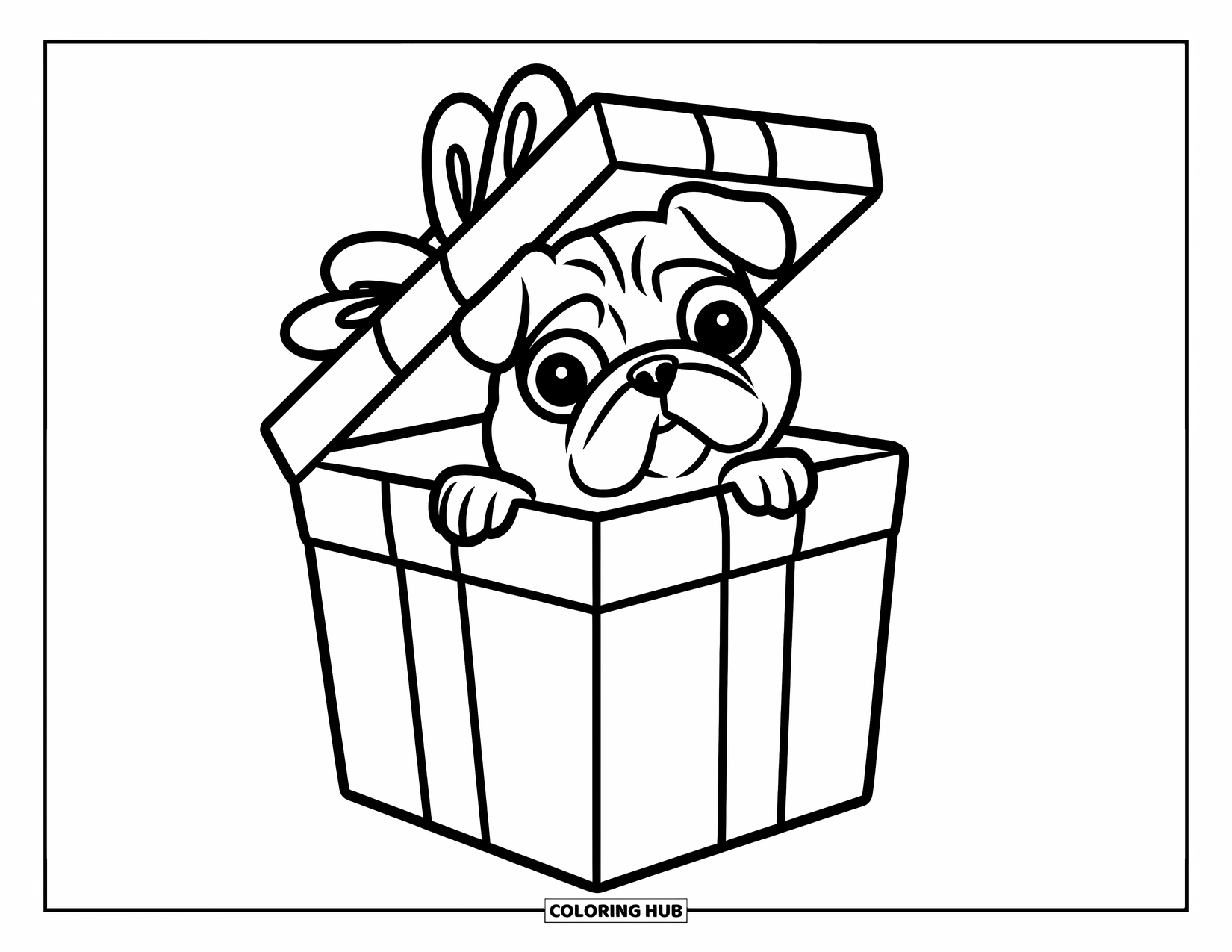 Pug Coloring Page for Kids: A fluffy pug with big eyes peeks out of a large gift box with a bow on top