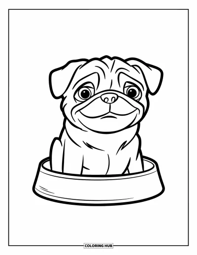 Coloriage de carlin pour enfants : Un carlin amical jette un coup d’œil à l’intérieur d’une gamelle pour chien, prêt pour le plaisir du repas