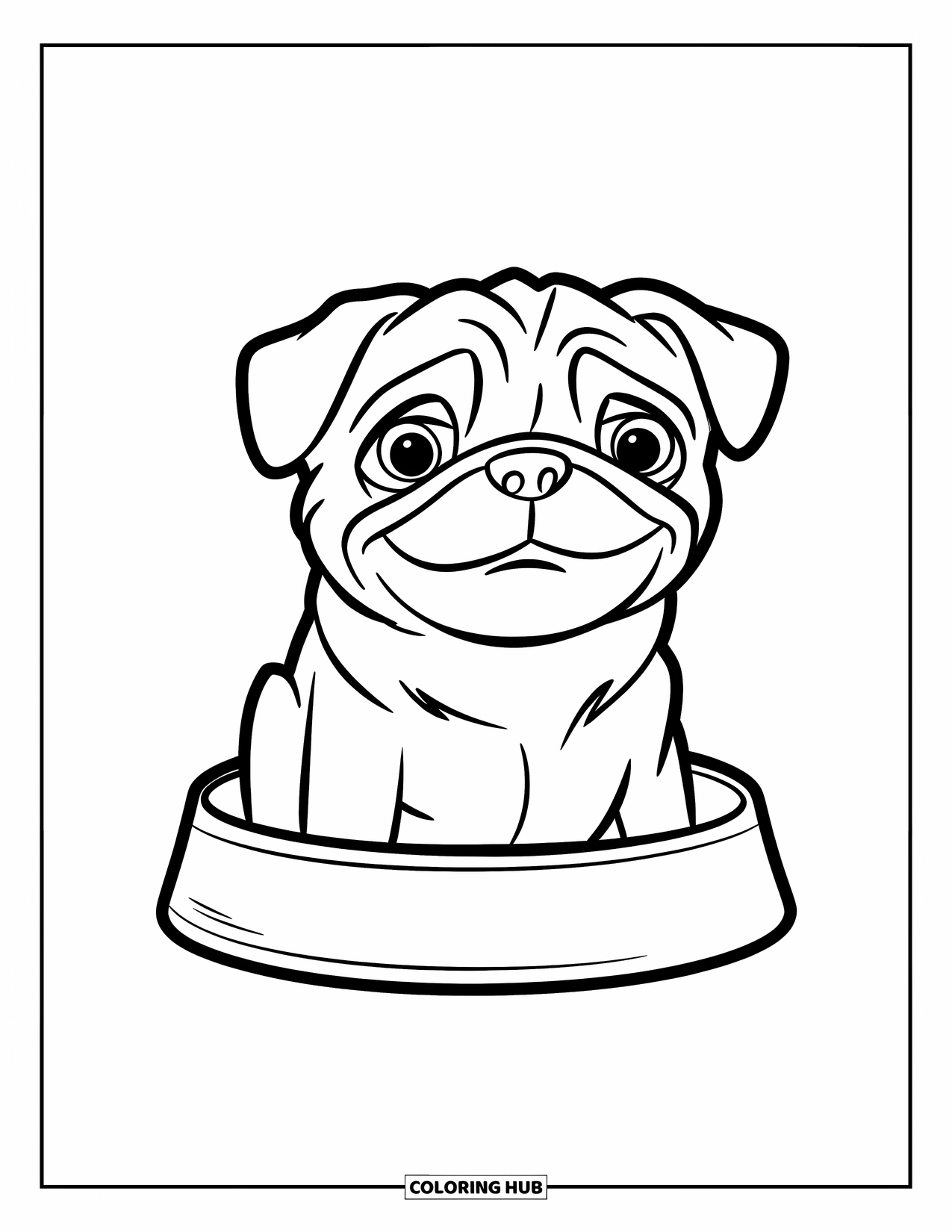 Pug Coloring Page for Kids: A friendly pug peeks from inside a dog bowl, ready for mealtime fun