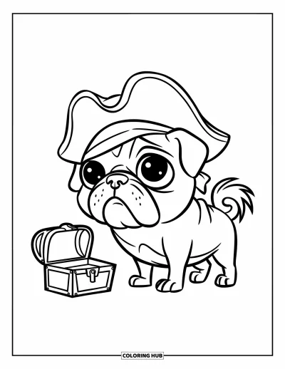 Coloriage de carlin pour enfants : Un carlin poilu dans un chapeau de pirate se tient près d’un petit coffre au trésor, prêt pour l’aventure