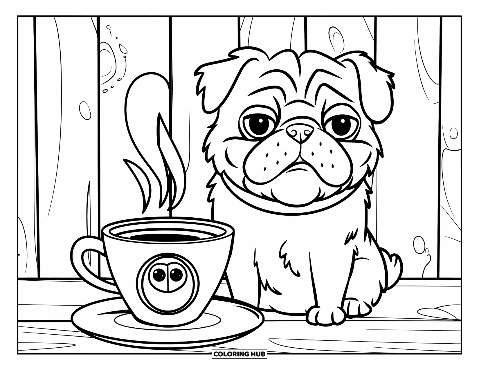 Pug Coloring Page for Kids: A happy pug sits beside a steaming coffee cup, resting on a rustic wooden table