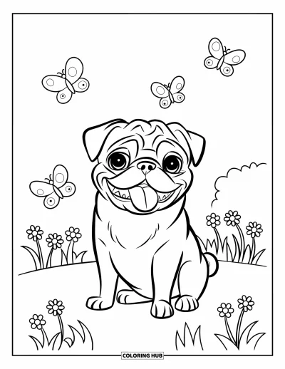 Coloriage de carlin pour enfants : Un carlin heureux est assis dans un jardin, entouré de fleurs et de papillons flottants