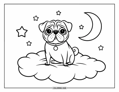 Coloriage de carlin pour enfants : Un carlin heureux est assis sur un nuage flottant, entouré d’étoiles et d’un croissant de lune