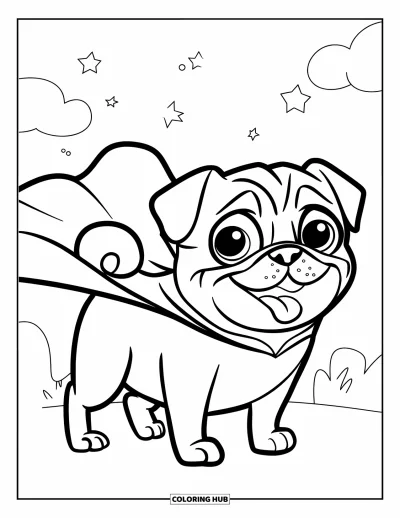 Coloriage de carlin pour enfants : Un carlin héroïque aux grands yeux et à la cape se tient fièrement, avec des étoiles et un nuage derrière lui