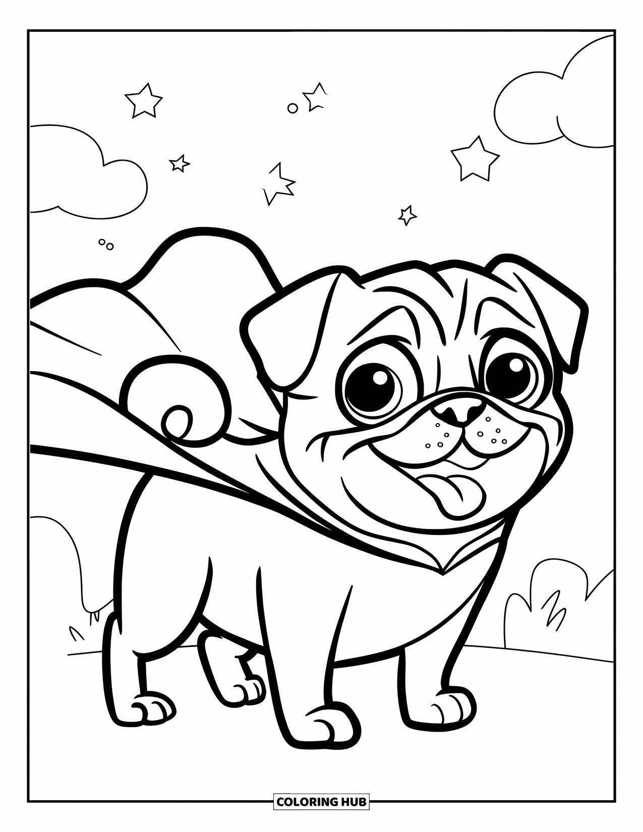 Pug Coloring Page for Kids: A heroic pug with big eyes and a cape stands proudly, with stars and a cloud behind