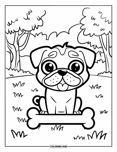 Coloriage de carlin pour enfants : Un carlin joyeux est assis dans un champ avec un os, entouré d’arbres et de nuages moelleux