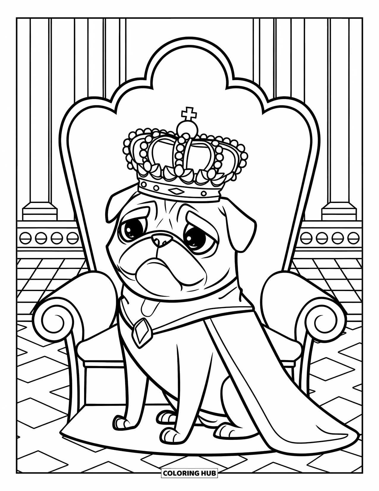 Pug Coloring Page for Kids: A majestic pug sits on a throne wearing a crown, with columns in the background