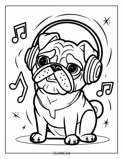 Coloriage de carlin pour enfants : Un carlin mélomane écoute avec des écouteurs, hochant joyeusement la tête au rythme de la musique