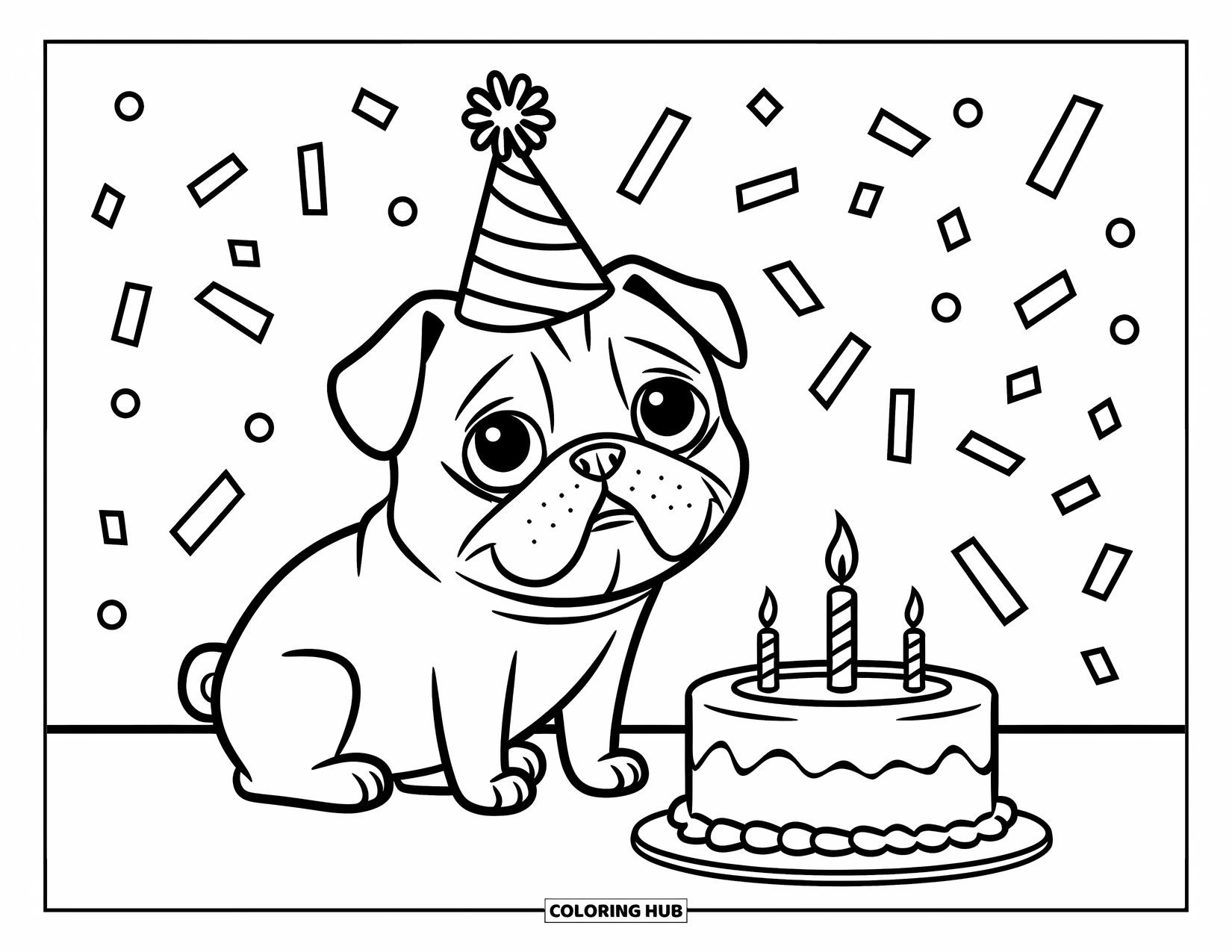 Pug Coloring Page for Kids: A party-ready pug wears a festive hat and sits beside a birthday cake with a candle