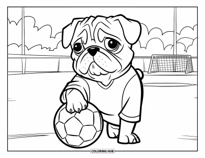 Coloriage de carlin pour enfants : Un carlin enjoué dans un maillot pose avec un ballon de soccer près des poteaux de but et des spectateurs qui l’encouragent