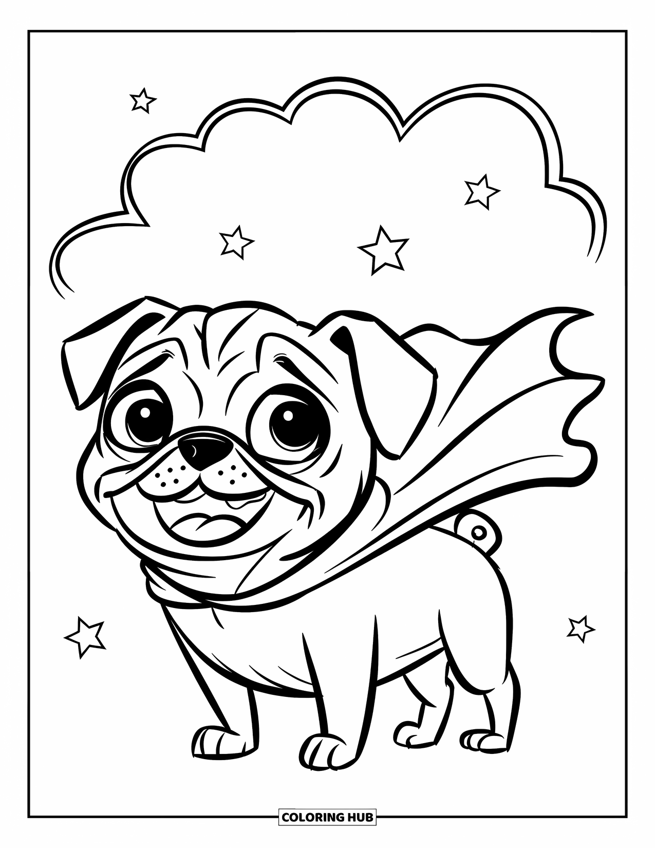 Pug Coloring Page for Kids: A playful pug in a superhero cape smiles confidently, surrounded by stars and a cloud