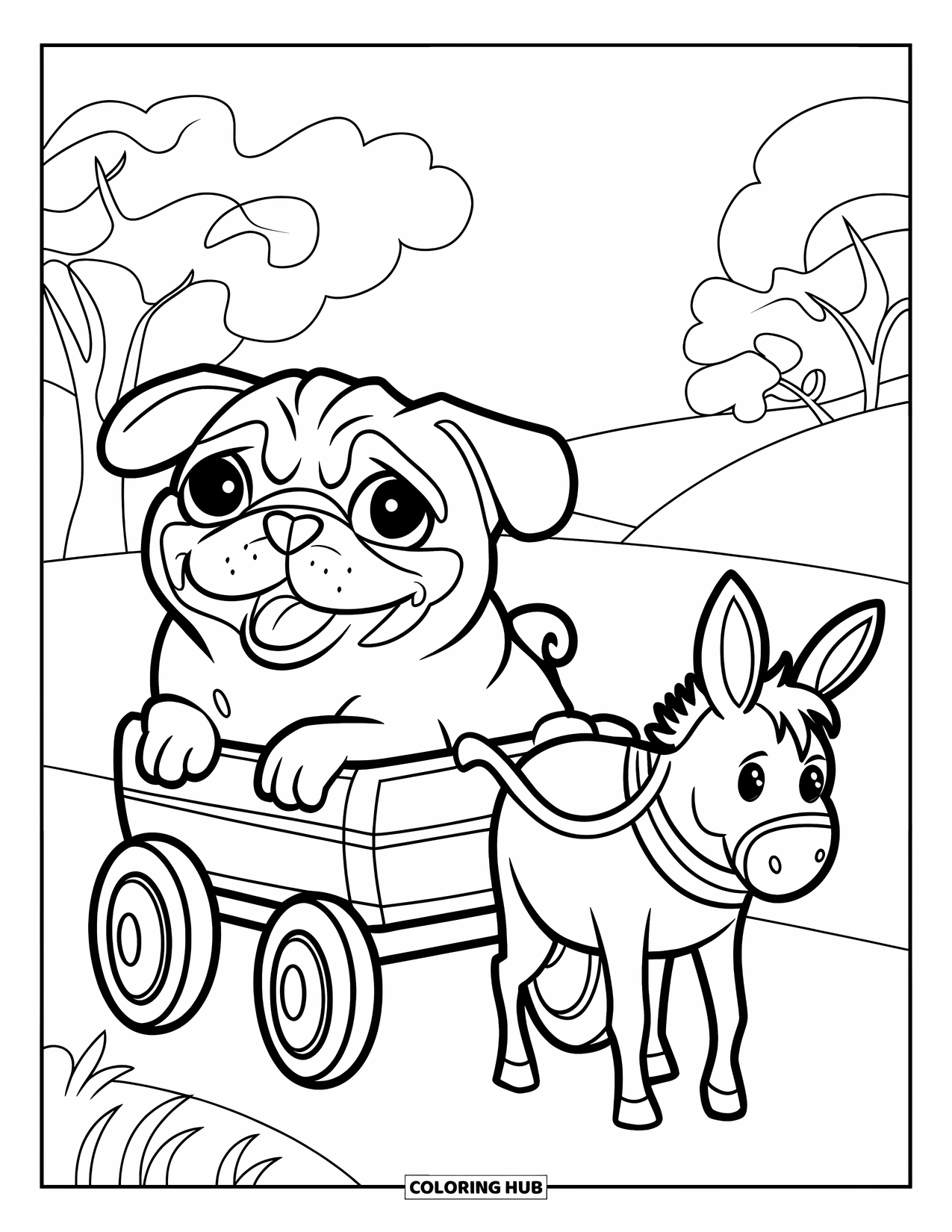 Pug Coloring Page for Kids: A playful pug rides in a wagon pulled by a donkey, surrounded by trees and rolling hills