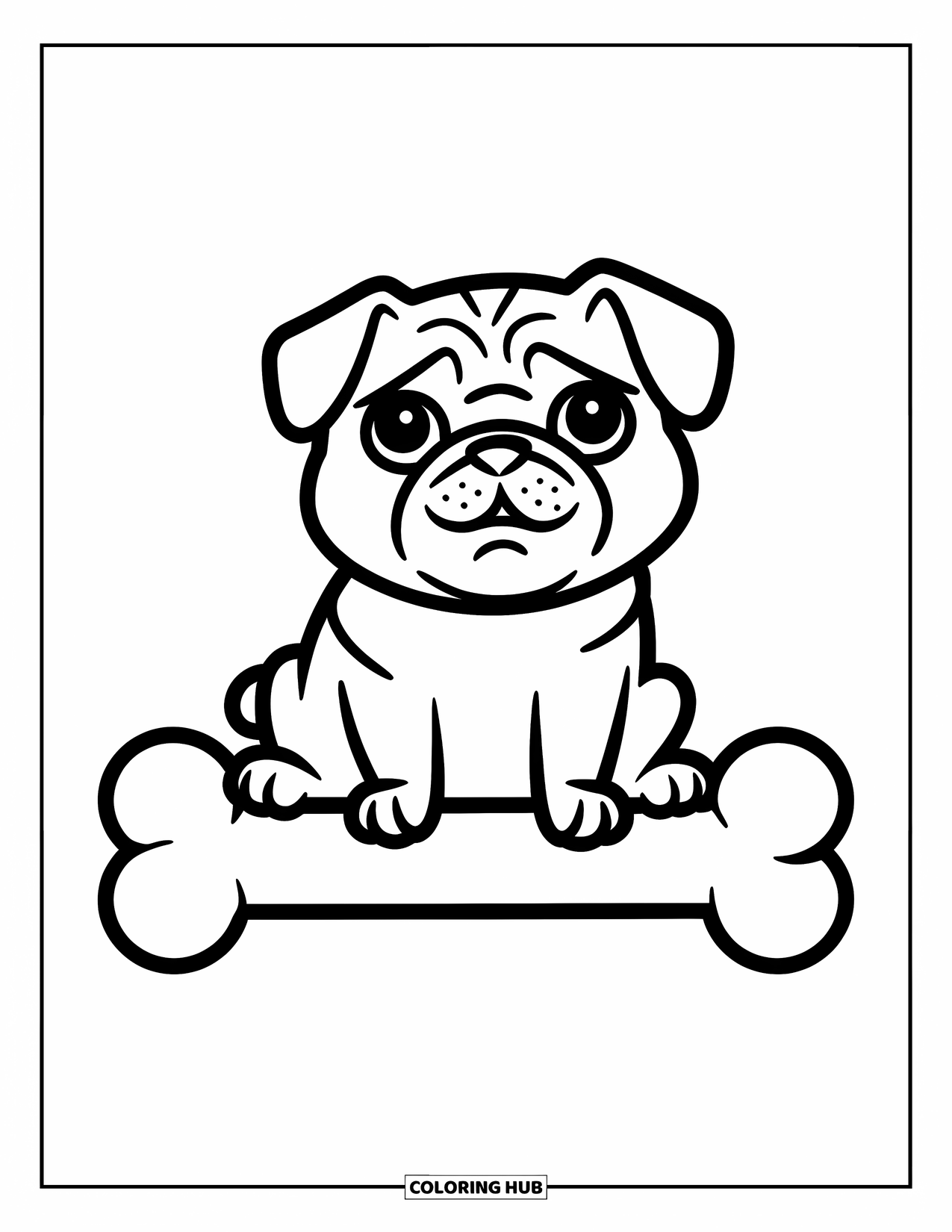 Pug Coloring Page for Kids: A playful pug sits on a large bone, looking cheerful and excited