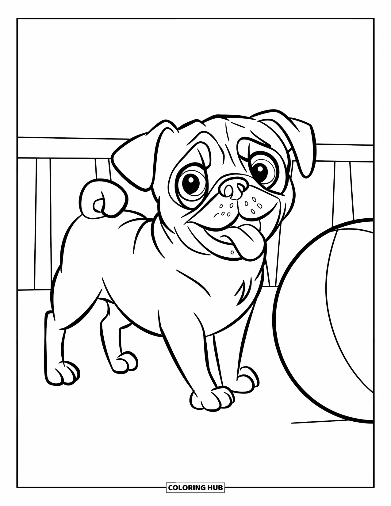 Pug Coloring Page for Kids: A playful pug wags its tail while standing beside a big ball, ready for fun