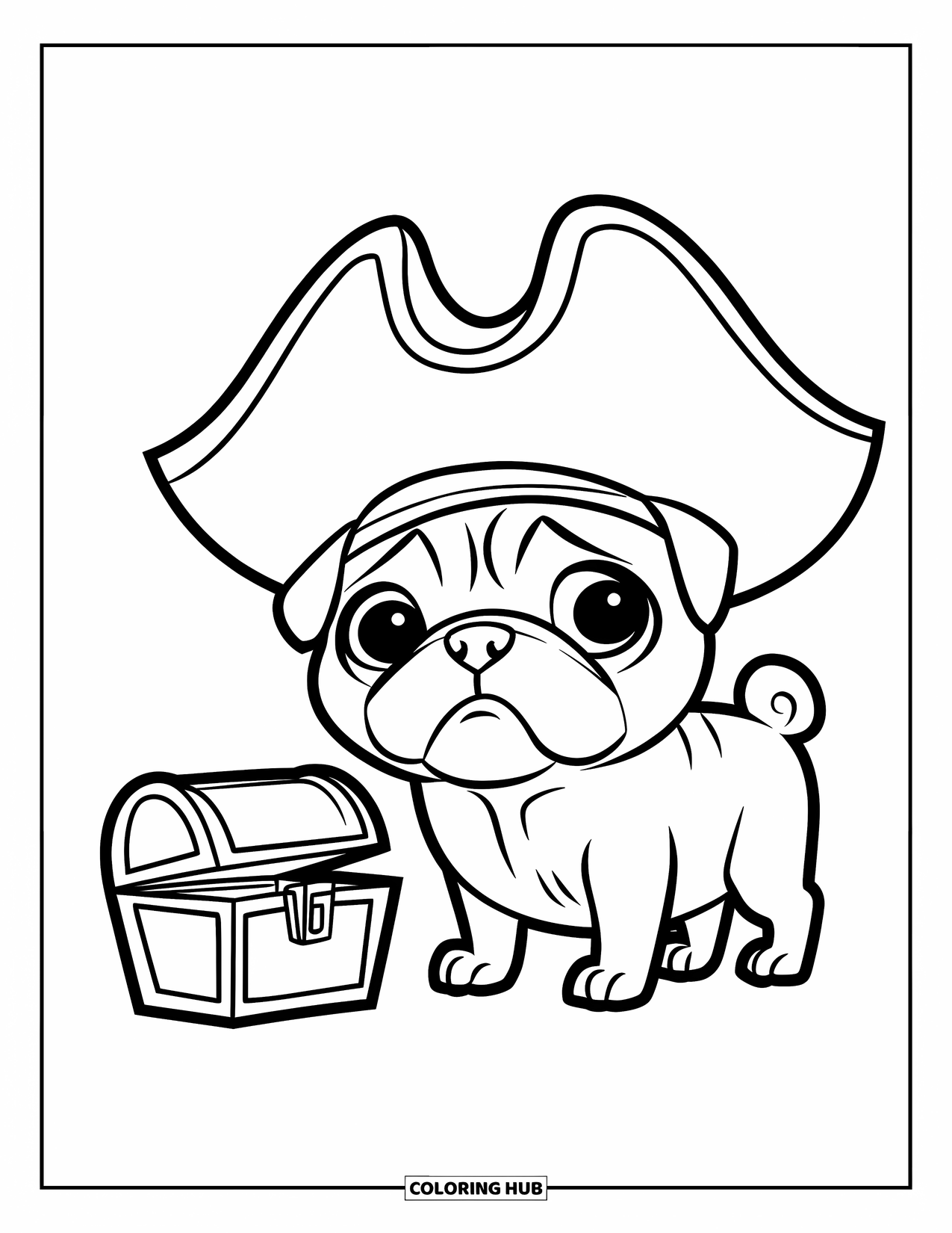 Pug Coloring Page for Kids: A playful pug wears a pirate hat and guards a tiny treasure chest