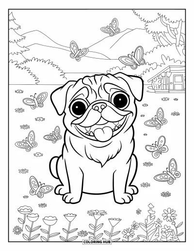 Coloriage de carlin pour enfants : Un carlin enjoué avec sa langue sortie profite d’un jardin paisible avec des fleurs et des papillons