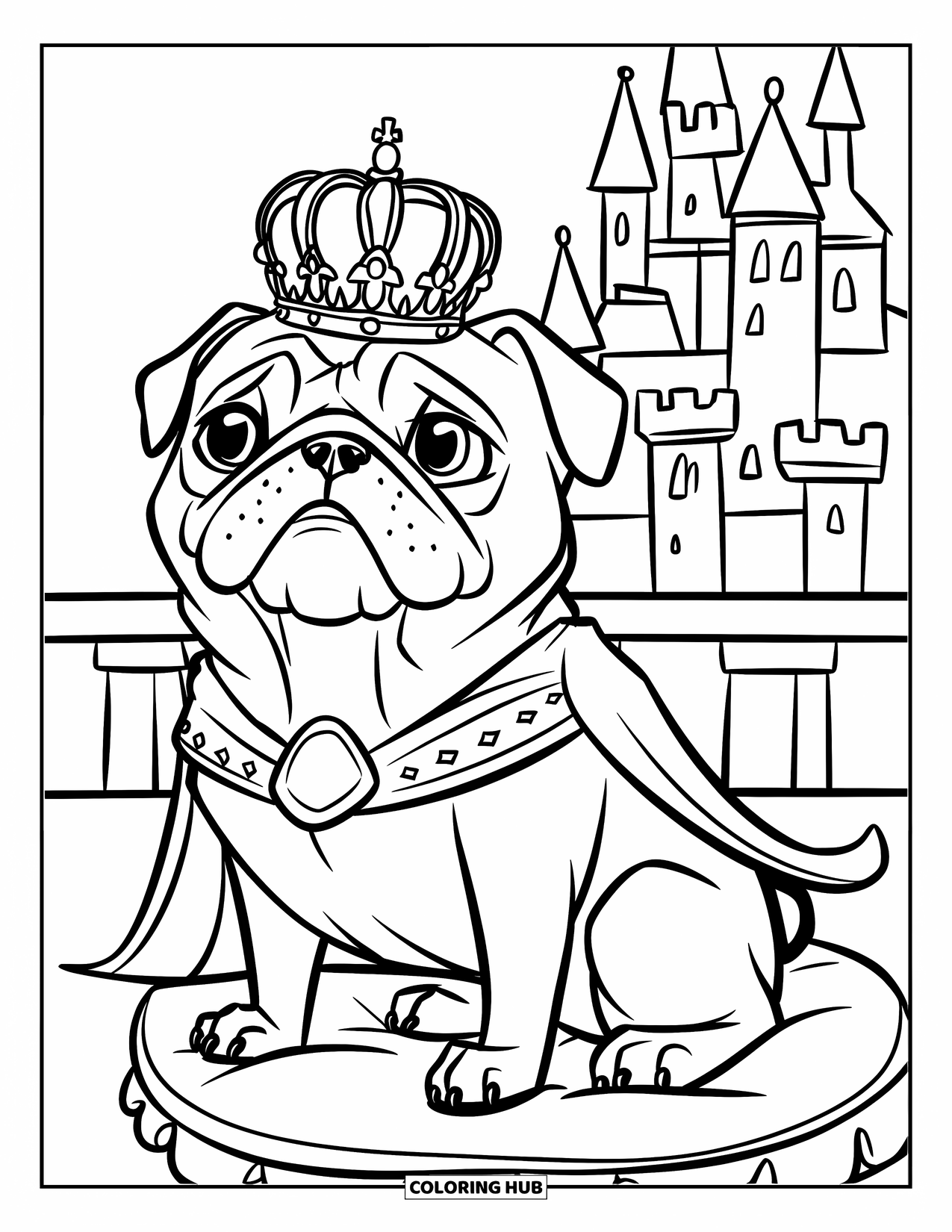 Pug Coloring Page for Kids: A proud pug with a crown and cape sits on a cushion in front of a castle