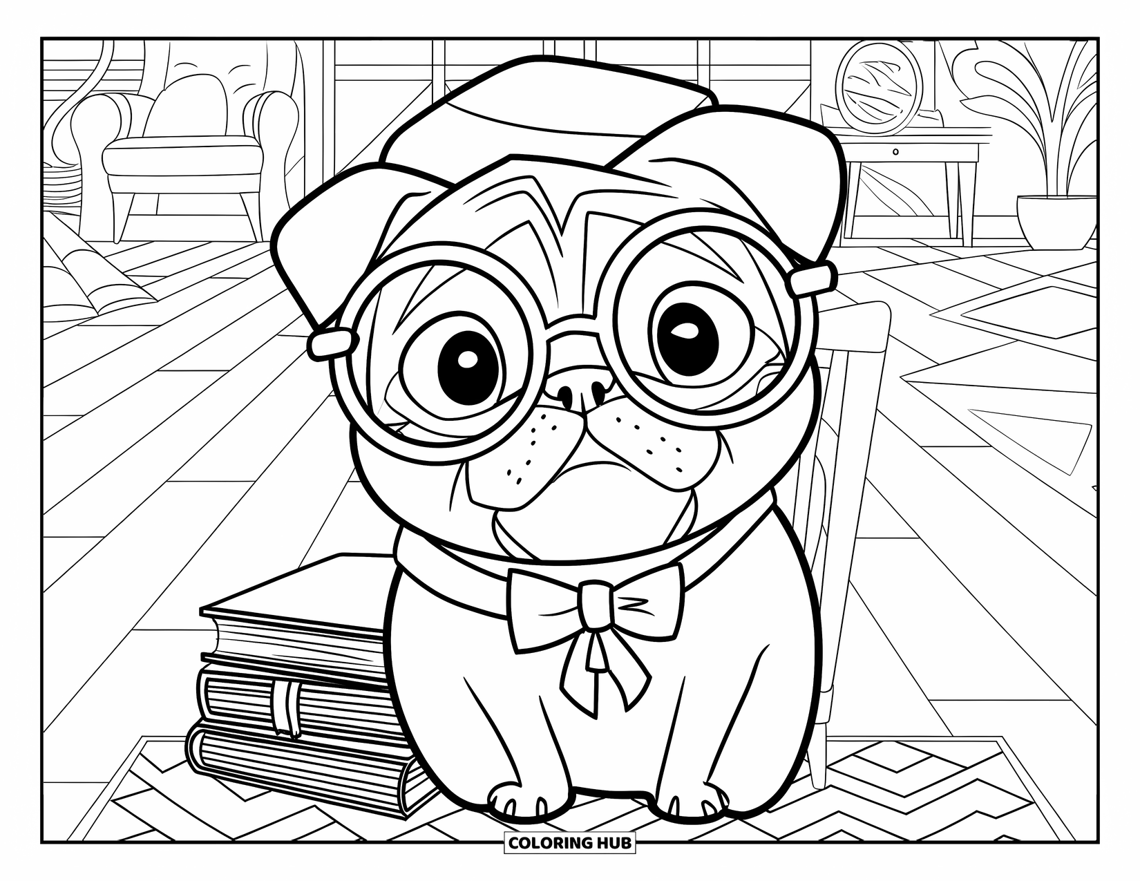 Pug Coloring Page for Kids: A pug in glasses and a bow tie sits in a cozy room with books, a lamp, and a rug