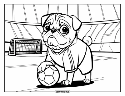 Coloriage de carlin pour enfants : Un carlin en équipement de sport se tient sur un terrain de soccer avec des buts et un stade en arrière-plan