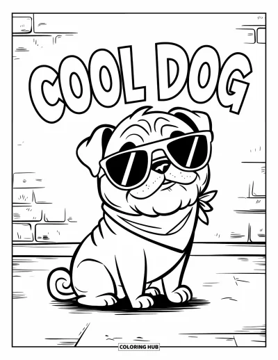 Coloriage de carlin pour enfants : Un carlin avec des lunettes de soleil et un bandana est assis sous les mots « Cool Dog »