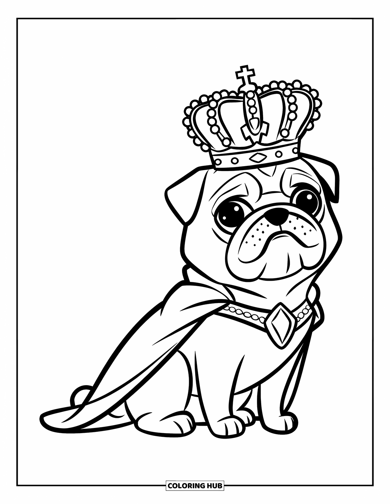 Pug Coloring Page for Kids: A regal pug sits proudly with a royal crown and a small cape draped over its back