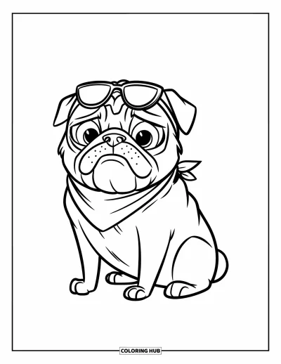 Coloriage de carlin pour enfants : Un carlin détendu avec des lunettes de soleil et un bandana se prélasse avec une expression détendue