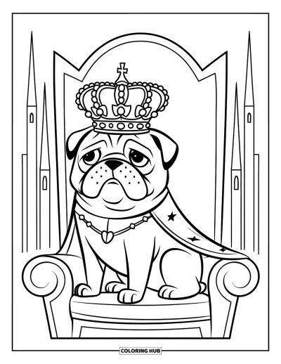 Coloriage de carlin pour enfants : Un carlin royal est assis sur un trône dans un grand château avec de hautes tours