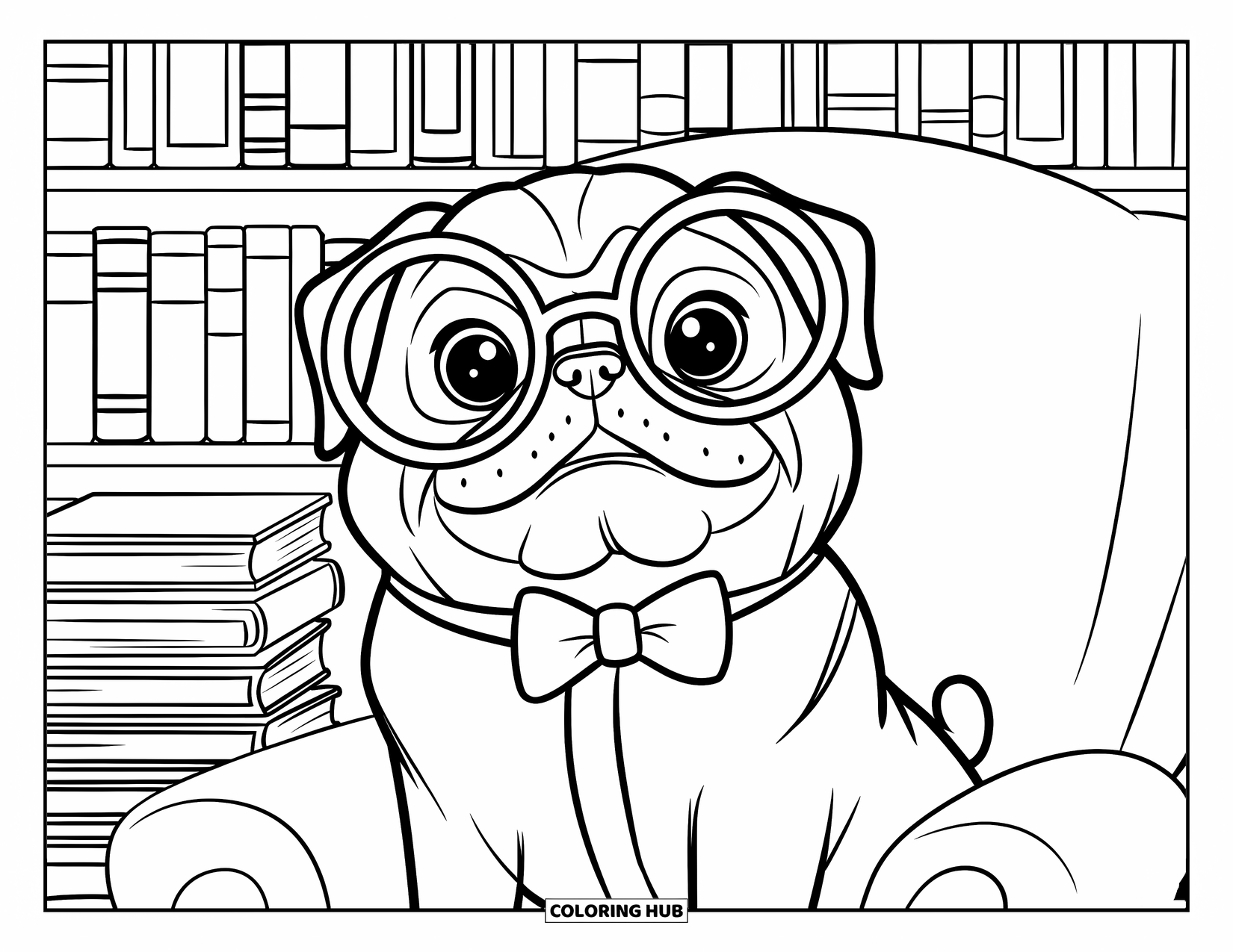 Pug Coloring Page for Kids: A scholarly pug wearing oversized glasses and a bow tie sits on a chair with books behind