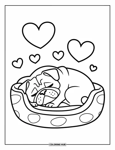 Coloriage de carlin pour enfants : Un carlin endormi se recroqueville à l’intérieur d’un lit pour chien confortable, entouré de cœurs flottants