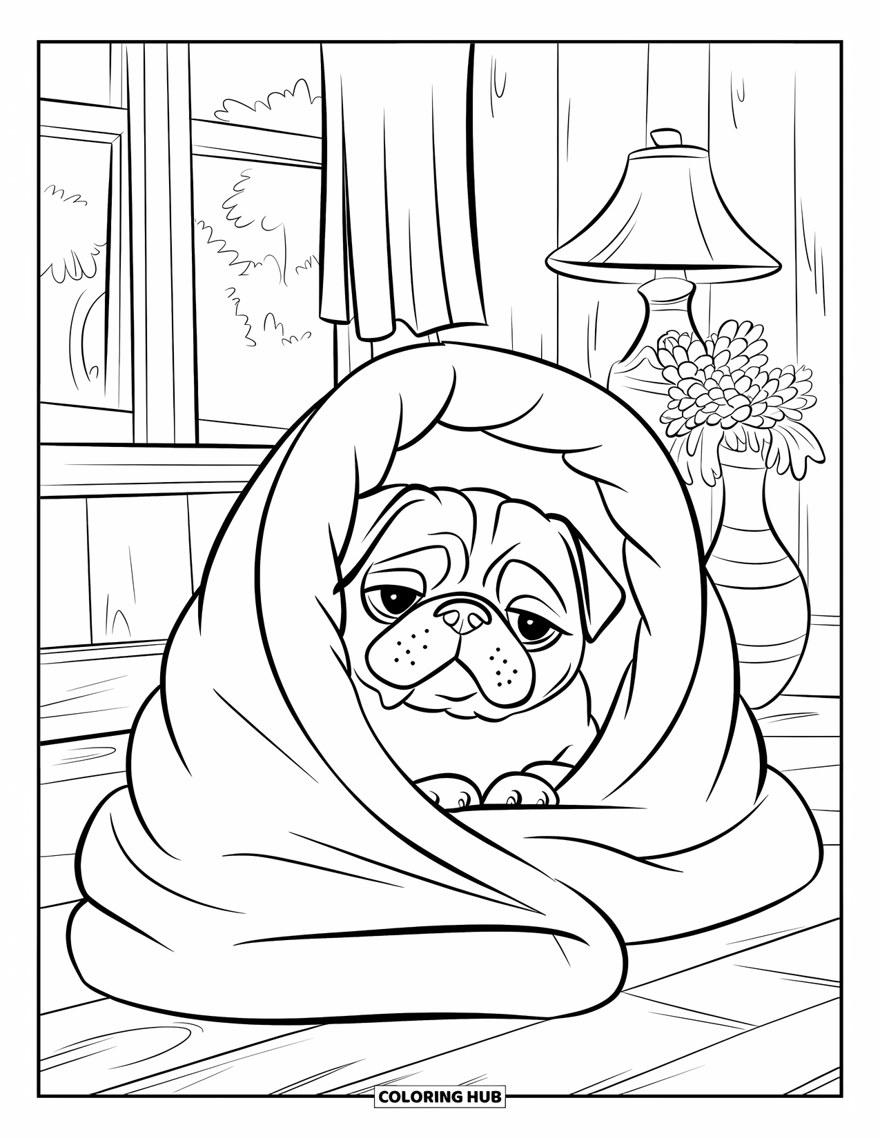 Pug Coloring Page for Kids: A sleepy pug wrapped in a blanket relaxes in a cozy room with a window and lamp
