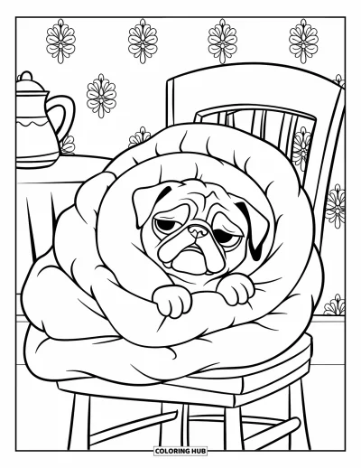 Coloriage de carlin pour enfants : Un carlin blotti dans une couverture est assis sur une chaise à côté d’une théière et de papier peint floral