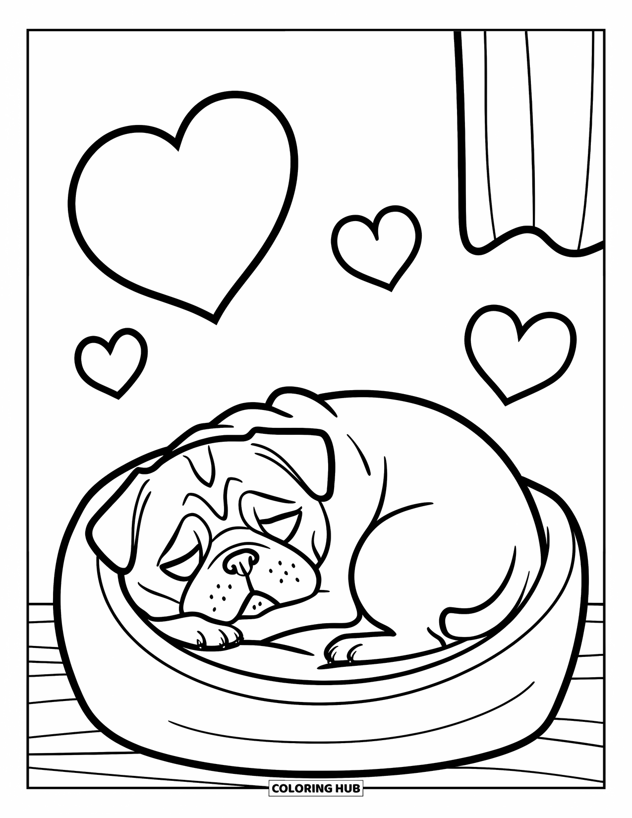 Pug Coloring Page for Kids: A snuggled-up pug naps in a soft dog bed, surrounded by floating hearts