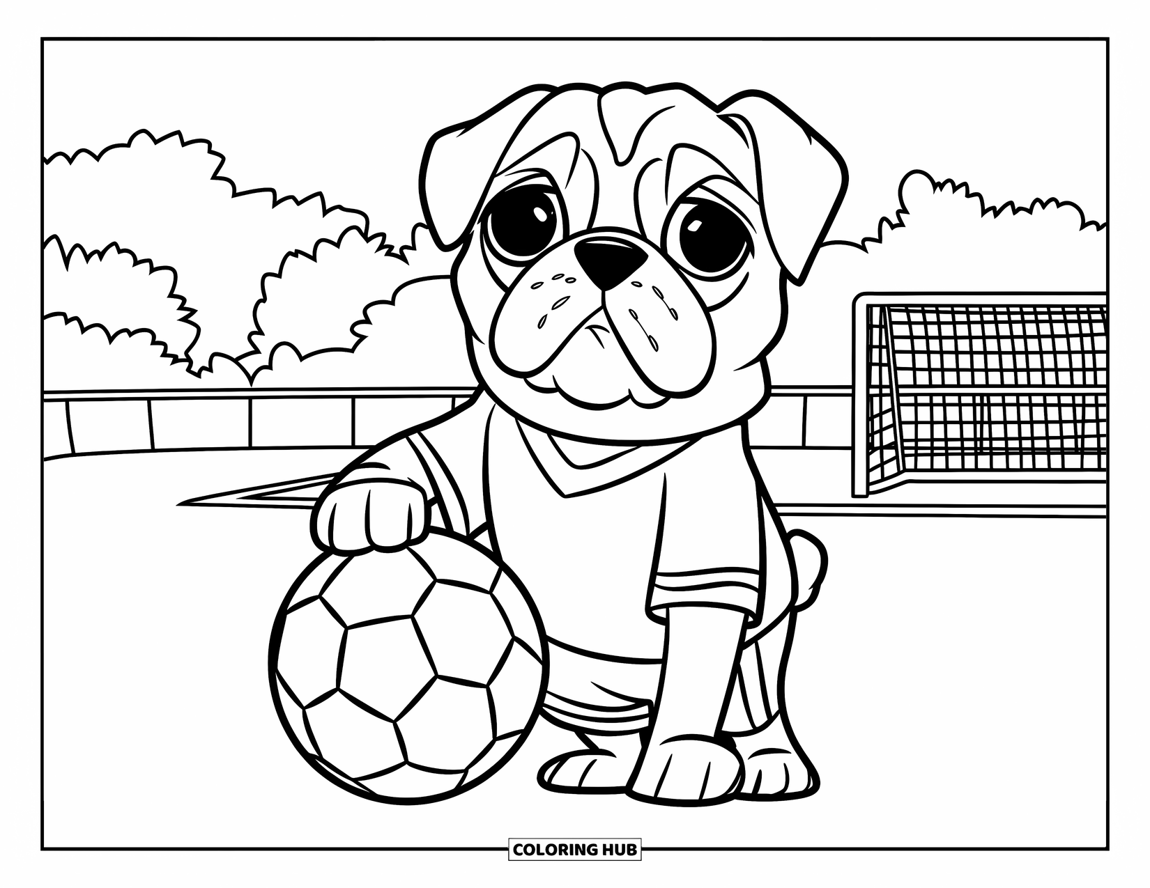 Pug Coloring Page for Kids: A sporty pug in a soccer uniform rests its paw on a ball on the field