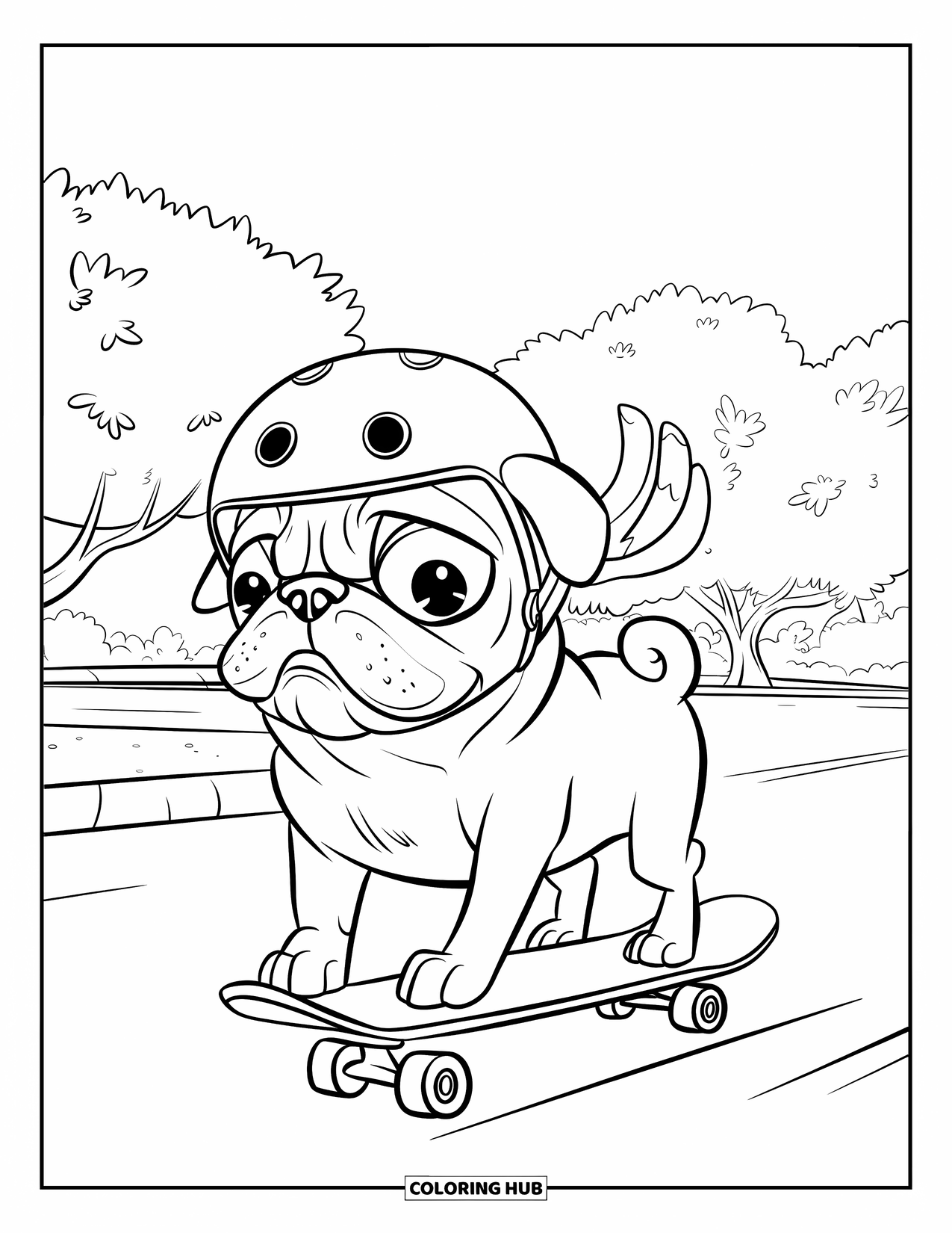 Pug Coloring Page for Kids: A sporty pug on a skateboard zooms through a park, ears flapping in the breeze